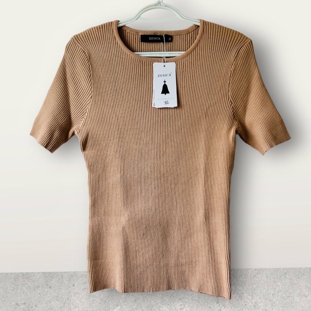 Zesica Brown Sweater Short Sleeve Ribbed Knit Womens Sz XL Cozy Fall Winter Soft
